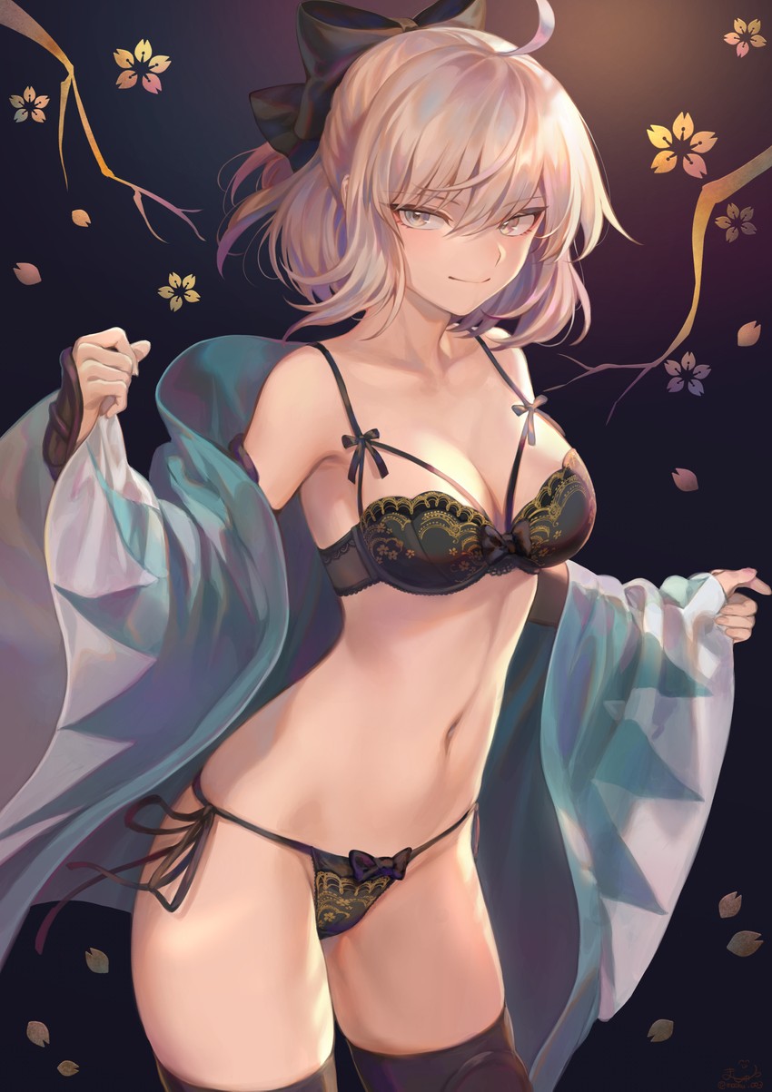 1girl ahoge bikini black_bikini breasts looking_at_viewer mashu_003 navel okita_souji_(fate) okita_souji_(fate)_(all) panties