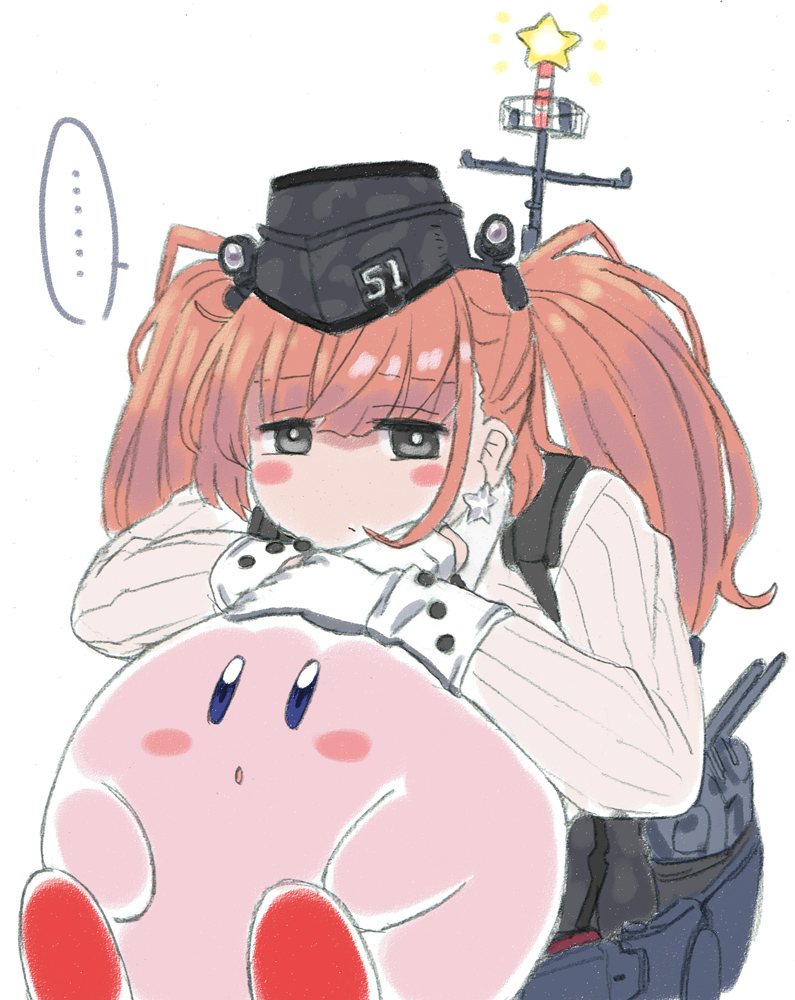 ... 1girl atlanta_(kantai_collection) bangs black_eyes blue_eyes blush brown_hair camouflage closed_mouth commentary_request crossover earrings eyebrows_visible_through_hair fukidamari_no_peke garrison_cap gloves hat headgear high-waist_skirt jewelry kantai_collection kirby kirby_(series) long_hair long_sleeves partly_fingerless_gloves rigging simple_background single_earring skirt star star_earrings star_rod twintails white_background