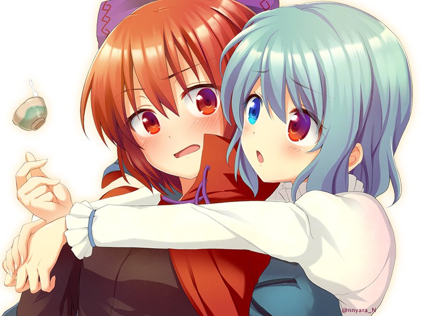 2girls blouse blue_bow blue_eyes blue_hair blush bow breasts cape commentary_request cup hair_bow heterochromia hug long_sleeves looking_at_another medium_hair multiple_girls nnyara red_eyes redhead sekibanki simple_background small_breasts tatara_kogasa touhou twitter_username upper_body white_background