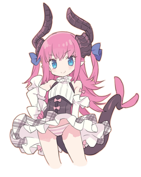1girl bangs bare_shoulders blade_(galaxist) blue_eyes blue_ribbon blush bow closed_mouth cropped_legs curled_horns detached_sleeves dragon_girl dragon_horns dragon_tail elizabeth_bathory_(fate) elizabeth_bathory_(fate)_(all) eyebrows_visible_through_hair fate/extra fate/extra_ccc fate_(series) grey_skirt hair_between_eyes hair_ribbon hand_on_hip horns long_hair long_sleeves panties pink_bow pink_hair pleated_skirt pointy_ears ribbon shirt simple_background skirt sleeveless sleeveless_shirt smile solo striped striped_panties tail two_side_up underwear very_long_hair white_background white_shirt white_sleeves