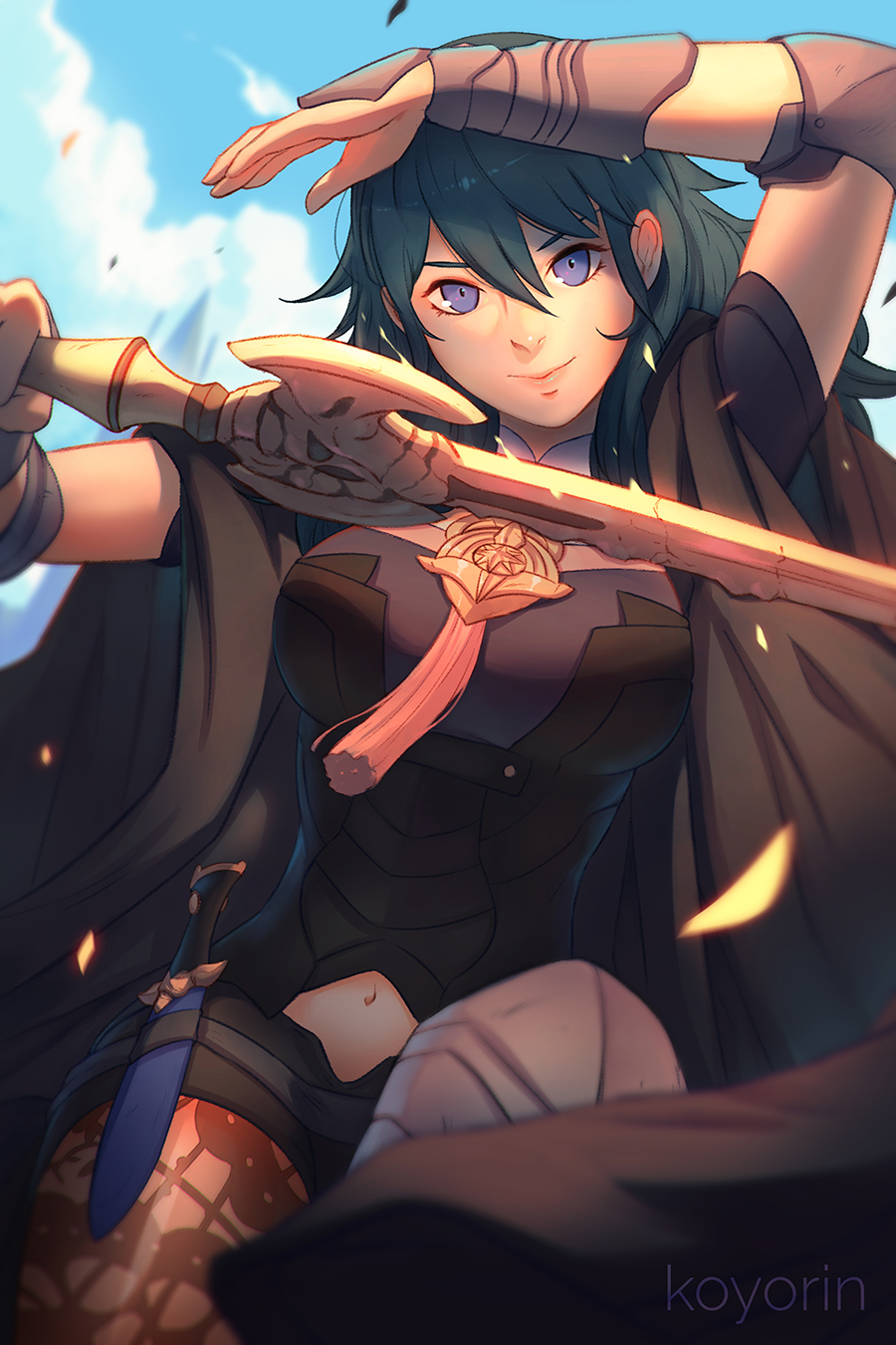 1girl armor artist_name bangs blue_eyes breasts byleth_(fire_emblem) byleth_eisner_(female) cape closed_mouth day fire_emblem fire_emblem:_three_houses green_hair hair_between_eyes highres holding holding_sword holding_weapon koyorin long_hair looking_at_viewer medium_breasts midriff navel outdoors pantyhose solo sword weapon