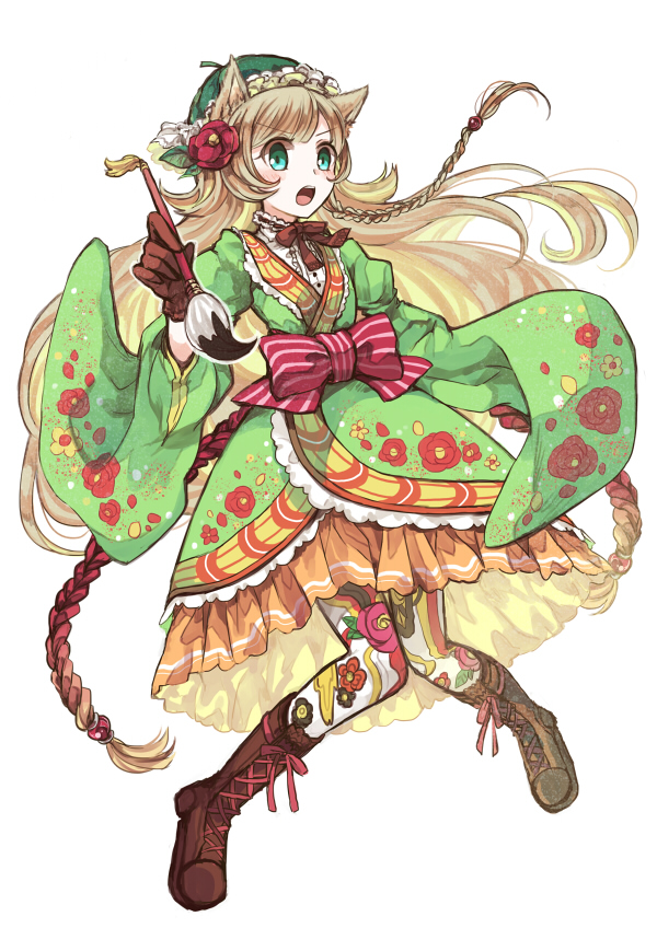 1girl :o animal_ears aqua_eyes blonde_hair bow braid brown_bow brown_footwear brown_gloves cat_ears cross-laced_footwear dress fantasy flower gloves green_dress green_headwear hair_flower hair_ornament lolita_fashion long_hair long_sleeves mena_(suzunoki) original paintbrush pantyhose print_legwear red_bow standing tachi-e very_long_hair wa_lolita