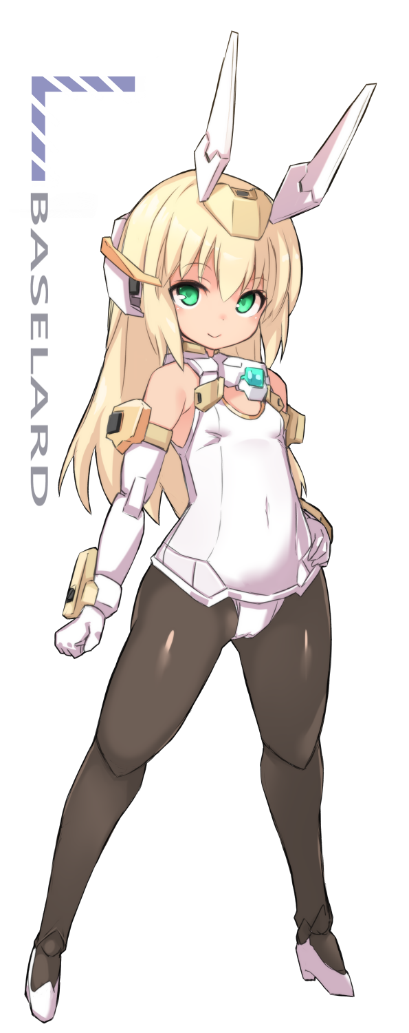 1girl bangs bare_shoulders baselard black_legwear blonde_hair blush breasts character_name closed_mouth covered_navel elbow_gloves eyebrows_visible_through_hair frame_arms_girl full_body gloves green_eyes hair_between_eyes hand_on_hip headgear high_heels highres karukan_(monjya) long_hair old_school_swimsuit one-piece_swimsuit pantyhose school_swimsuit shoes simple_background small_breasts smile solo standing swimsuit very_long_hair white_background white_footwear white_gloves white_swimsuit
