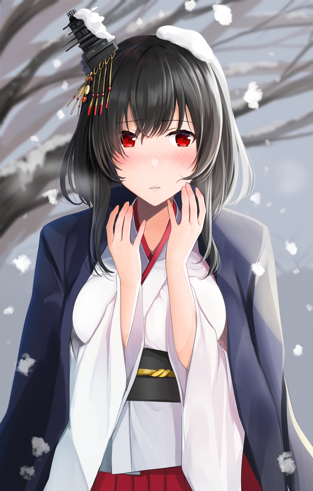 1girl black_hair blush eyebrows_visible_through_hair hair_ornament haori highres japanese_clothes kantai_collection looking_at_viewer nontraditional_miko pleated_skirt red_eyes red_skirt short_hair skirt snowing solo upper_body wide_sleeves yamashiro_(kantai_collection) yunamaro