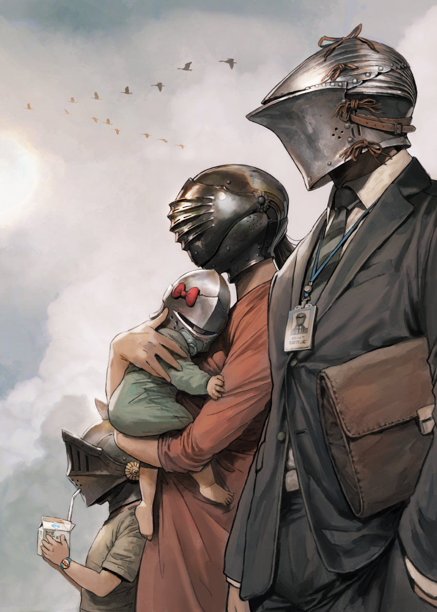 2boys 2girls arm_at_side armor baby bag bird black_hair black_neckwear black_suit bow child clouds cloudy_sky drinking drinking_straw flock flying formal grey_sky hand_in_pocket handbag helm helmet highres holding_baby juice_box kyoung_hwan_kim long_sleeves multiple_boys multiple_girls name_tag necktie original outdoors pacifier ponytail red_bow shirt short_sleeves sky standing suit t-shirt tahraart watch watch