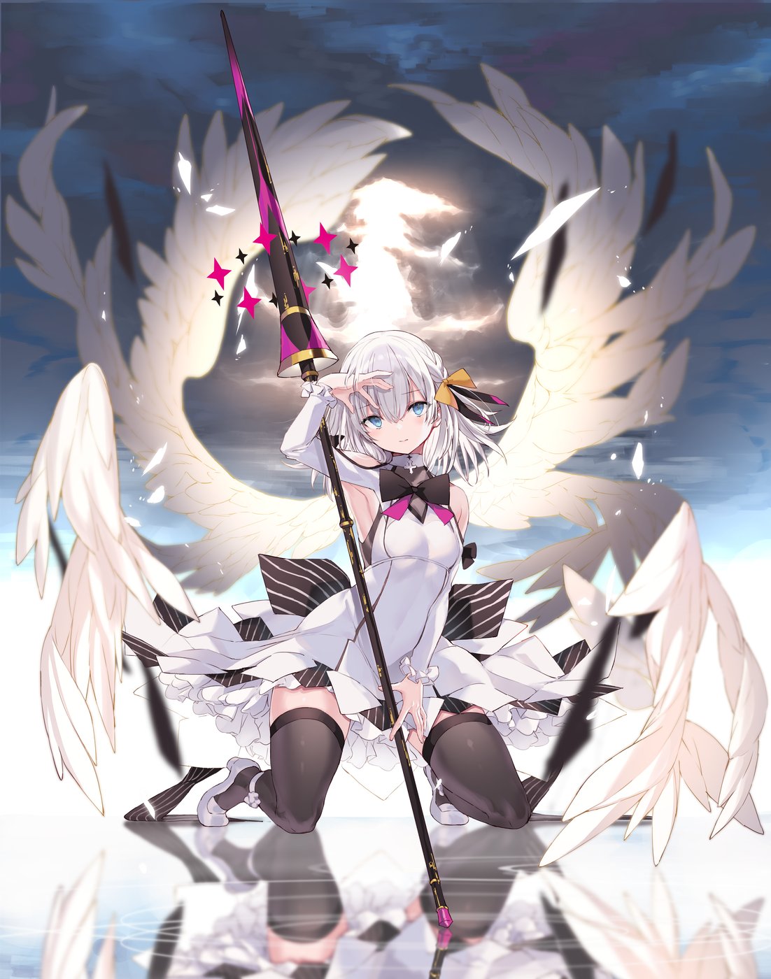 1girl angel_wings armpits bare_shoulders black_legwear blue_eyes blurry breasts closed_mouth clouds dress feathered_wings hair_between_eyes highres kneeling lance long_sleeves looking_at_viewer medium_hair nanananana original polearm reflection shoes shoulder_cutout small_breasts solo sunlight thigh-highs weapon white_dress white_footwear white_hair wings zettai_ryouiki