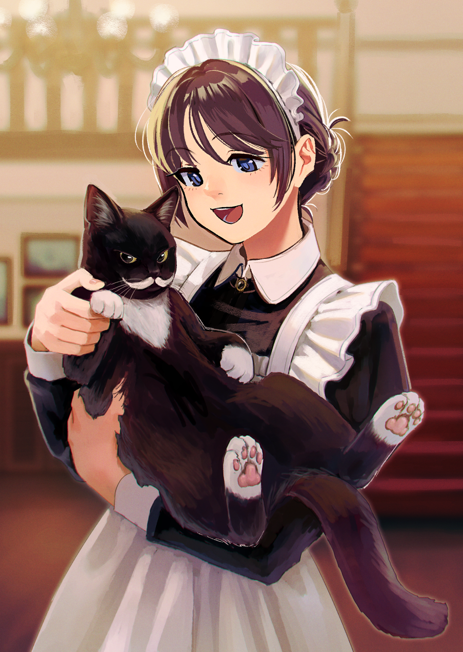 1girl :d black_cat blue_eyes brown_hair cat hair_bun highres holding holding_cat indoors long_sleeves looking_at_animal maid nashigaya_koyomi open_mouth original puffy_long_sleeves puffy_sleeves short_hair smile solo stairs standing
