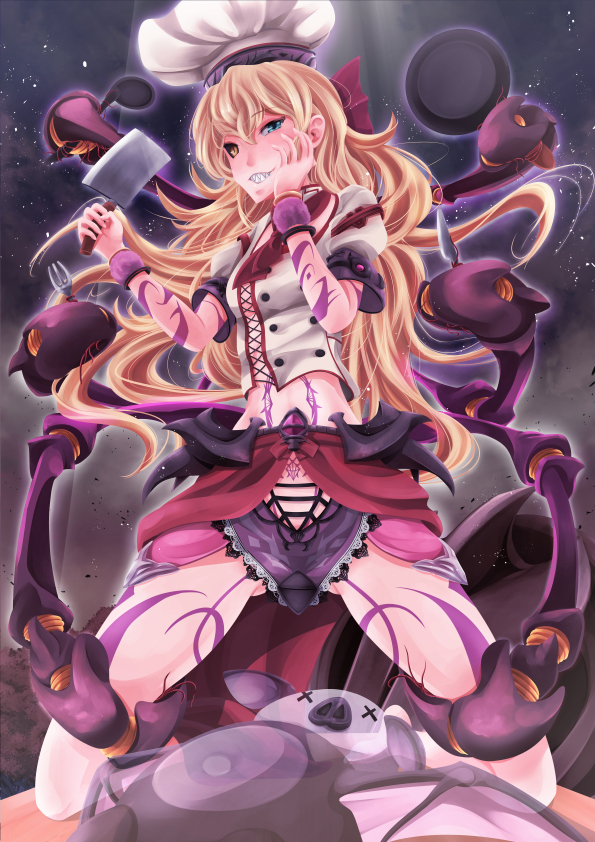 1girl arthropod_legs bad_proportions black_sclera blonde_hair chef_hat cleaver colored_sclera extra_legs fork hat heterochromia holding holding_fork holding_knife king's_raid kneeling knife ladle long_hair midriff pig pink_wristband pot reto_saikoma short_sleeves solo straddling tattoo viska_(king's_raid) wristband x_x