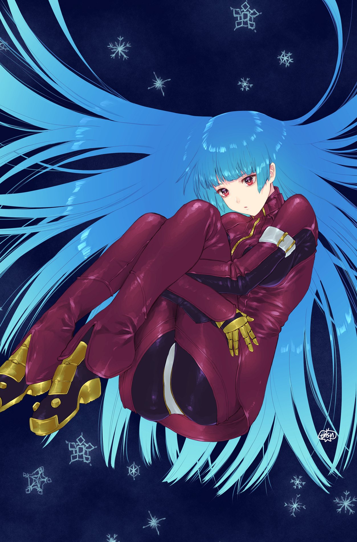 1girl bangs blue_background blue_hair bodysuit breasts floating_hair full_body gloves highres kula_diamond leg_hug long_hair medium_breasts murata_tefu open_mouth parted_lips red_bodysuit red_eyes signature simple_background snowflakes solo the_king_of_fighters very_long_hair yellow_gloves