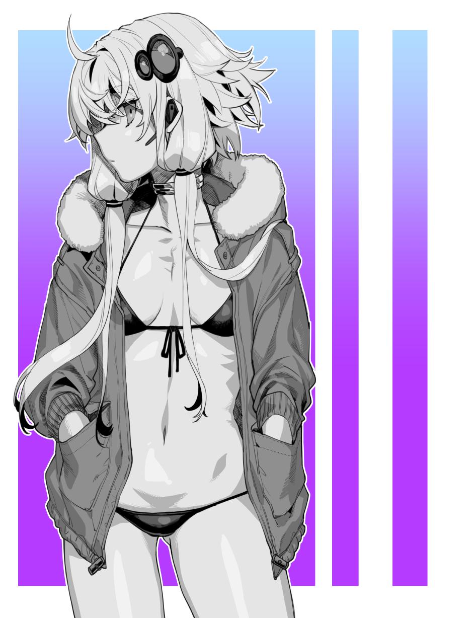 1girl ahoge ass_visible_through_thighs bikini choker closed_mouth collarbone eyebrows_visible_through_hair eyes_visible_through_hair fur-trimmed_jacket fur_trim gradient gradient_background greyscale hands_in_pockets highres jacket long_hair monochrome navel solo standing swimsuit twintails vocaloid w_nijuuyon yuzuki_yukari