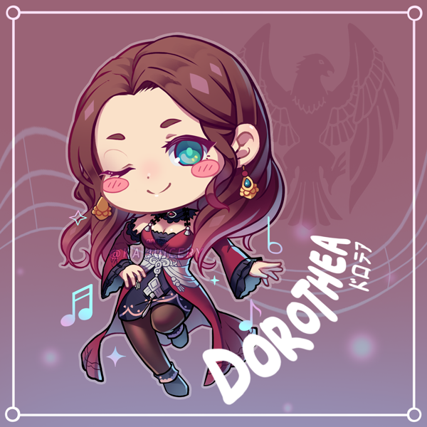 1girl blush_stickers brown_hair character_name chibi closed_mouth dorothea_arnault dress earrings fire_emblem fire_emblem:_three_houses green_eyes jewelry kaijuicery long_hair long_sleeves one_eye_closed smile solo twitter_username