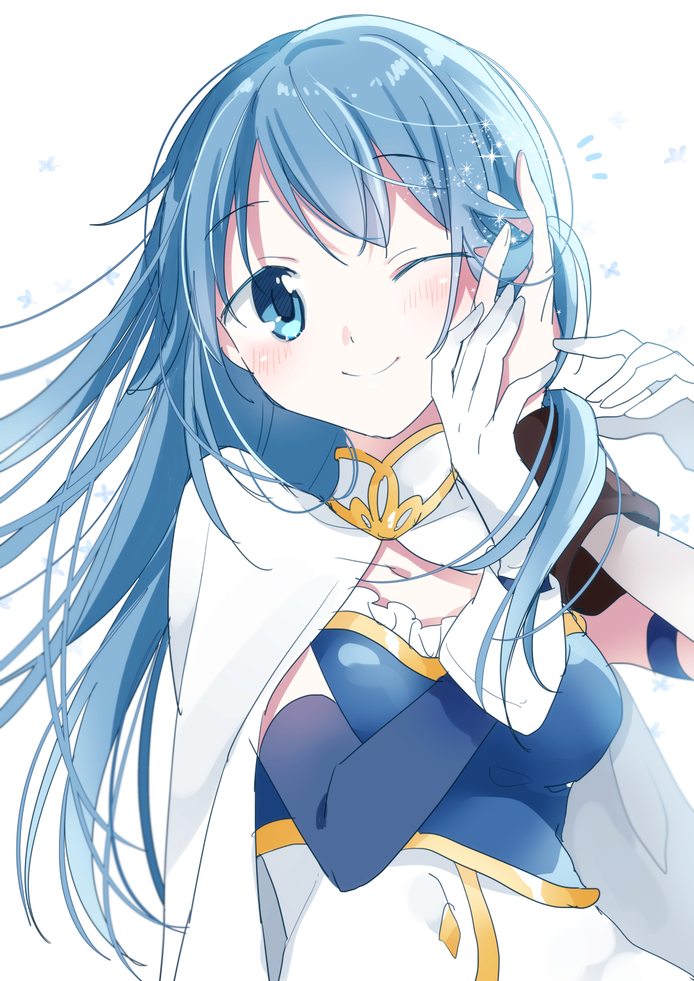 /\/\/\ 1girl ;) alternate_hair_length alternate_hairstyle arms_up ayumaru_(art_of_life) blue_eyes blue_hair blue_theme blush breasts cape dot_nose eyebrows_visible_through_hair fingernails frills gloves hair_between_eyes hand_on_another's_cheek hand_on_another's_face hands hands_on_another's_wrists happy head_tilt highres long_hair looking_at_another looking_to_the_side magia_record:_mahou_shoujo_madoka_magica_gaiden mahou_shoujo_madoka_magica medium_breasts miki_sayaka older one_eye_closed shiny shiny_hair shiny_skin simple_background smile solo sparkle sparkle_background standing straight_hair strapless surprised upper_body very_long_hair white_background white_cape white_gloves wristband