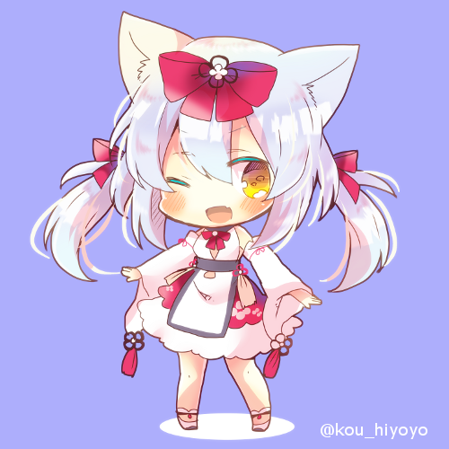 1girl ;d animal_ears azur_lane bangs blush bow brown_eyes cat_ears chibi commentary_request detached_sleeves dress eyebrows_visible_through_hair full_body hair_between_eyes hair_bow kouu_hiyoyo long_hair long_sleeves looking_at_viewer lowres one_eye_closed open_mouth purple_background red_bow sidelocks silver_hair sleeveless sleeveless_dress smile solo standing twintails twitter_username white_dress white_sleeves wide_sleeves yukikaze_(azur_lane)