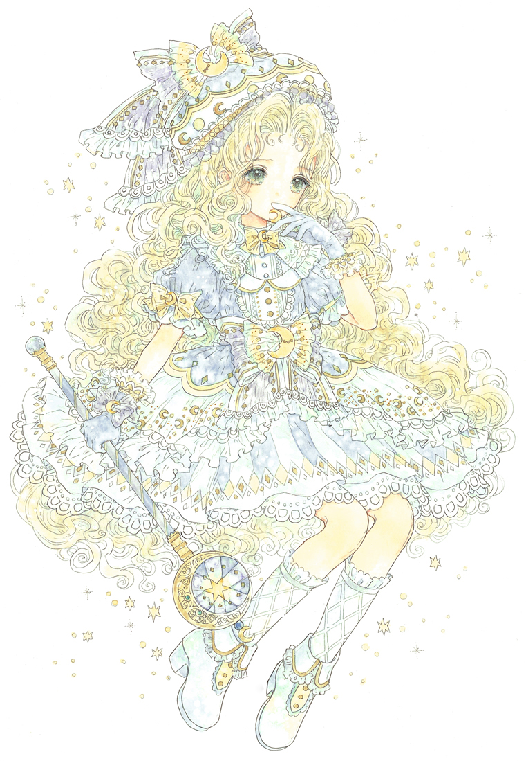 1girl blonde_hair bow crescent crescent_moon_pin curly_hair dress full_body gloves green_eyes hand_up hat hat_bow holding holding_wand long_hair original puffy_short_sleeves puffy_sleeves short_sleeves simple_background sitting starry_sky_print takanashi_tsubasa very_long_hair wand white_dress white_footwear white_gloves white_headwear white_legwear