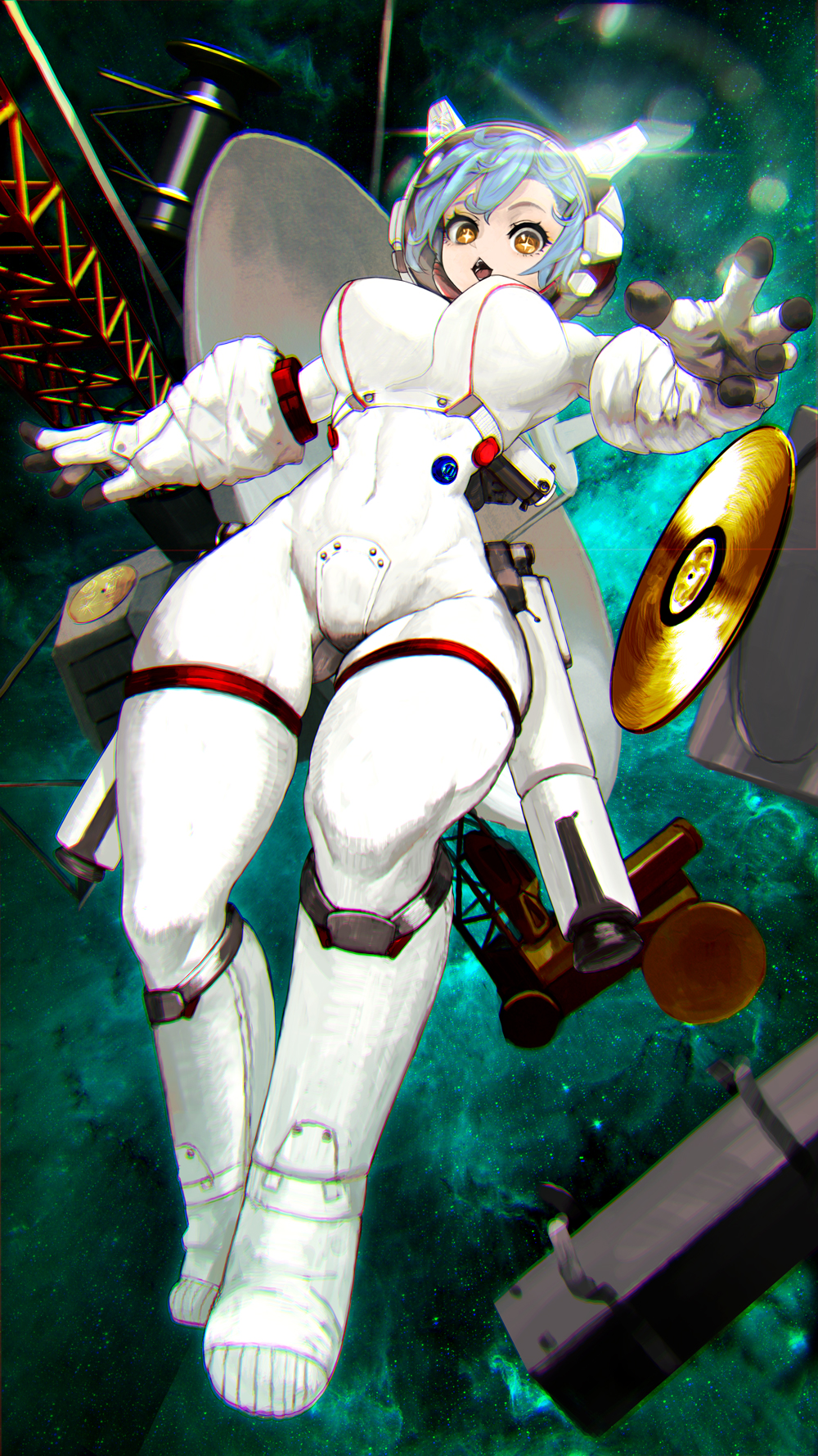1girl blue_hair eyelashes floating floating_hair floating_object gloves gold_record highres hiragana_(gomasyabu) looking_at_viewer open_mouth original radio_dish short_hair solo space space_station spacesuit star star-shaped_pupils symbol-shaped_pupils white_gloves yellow_eyes