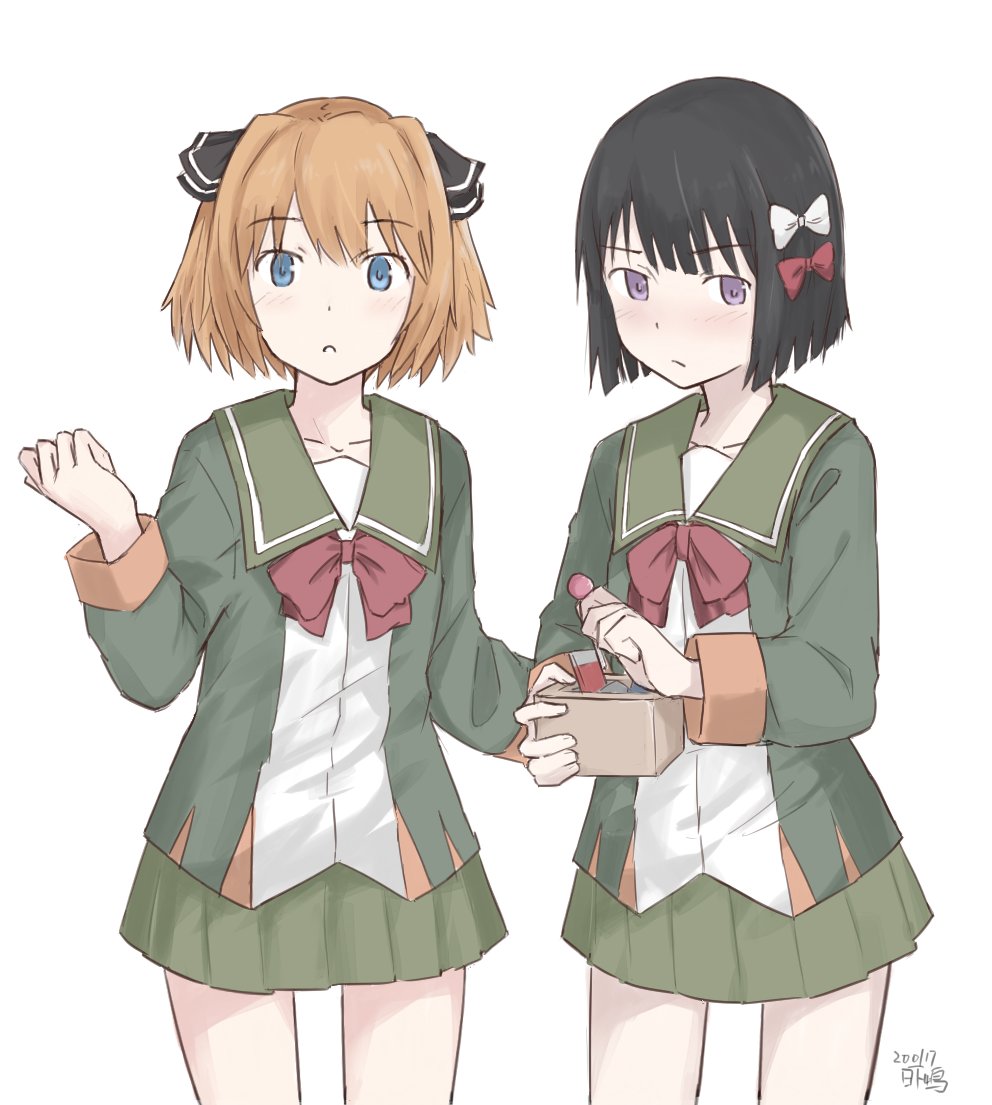 2girls bangs black_hair blue_eyes blush bow bowtie closed_mouth dated eyebrows_visible_through_hair green_sailor_collar green_skirt hachijou_(kantai_collection) hair_ribbon holding ishigaki_(kantai_collection) jacket kantai_collection kusakasima light_brown_hair long_sleeves multiple_girls open_mouth pleated_skirt red_neckwear ribbon sailor_collar school_uniform short_hair signature simple_background skirt violet_eyes white_background