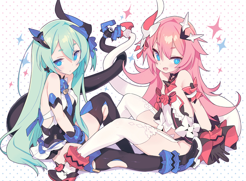 2girls :d asymmetrical_horns bangs bare_shoulders black_dress black_gloves black_legwear blade_(galaxist) blue_eyes blush bow breasts closed_mouth dress eyebrows_visible_through_hair fang flower garter_straps gloves green_hair hair_between_eyes hair_ornament honkai_(series) honkai_impact_3rd intertwined_tails liliya_olenyeva long_hair looking_at_viewer mechanical_horns mechanical_tail mismatched_gloves multiple_girls open_clothes open_dress open_mouth pink_hair polka_dot polka_dot_background red_bow red_flower red_rose rose rozaliya_olenyeva short_eyebrows siblings small_breasts smile sparkle symbol-shaped_pupils tail thick_eyebrows thigh-highs twins very_long_hair white_background white_legwear