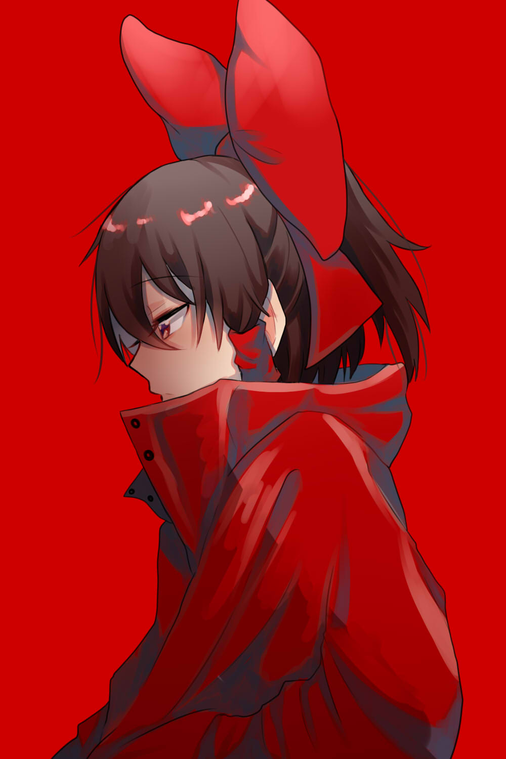 1girl alternate_costume bow brown_hair expressionless from_side hair_bow hair_tubes hakurei_reimu hands_in_pockets highres himari-san_yanaika jacket jpeg_artifacts long_sleeves looking_down medium_hair ponytail red_background red_bow red_eyes red_jacket simple_background solo touhou upper_body