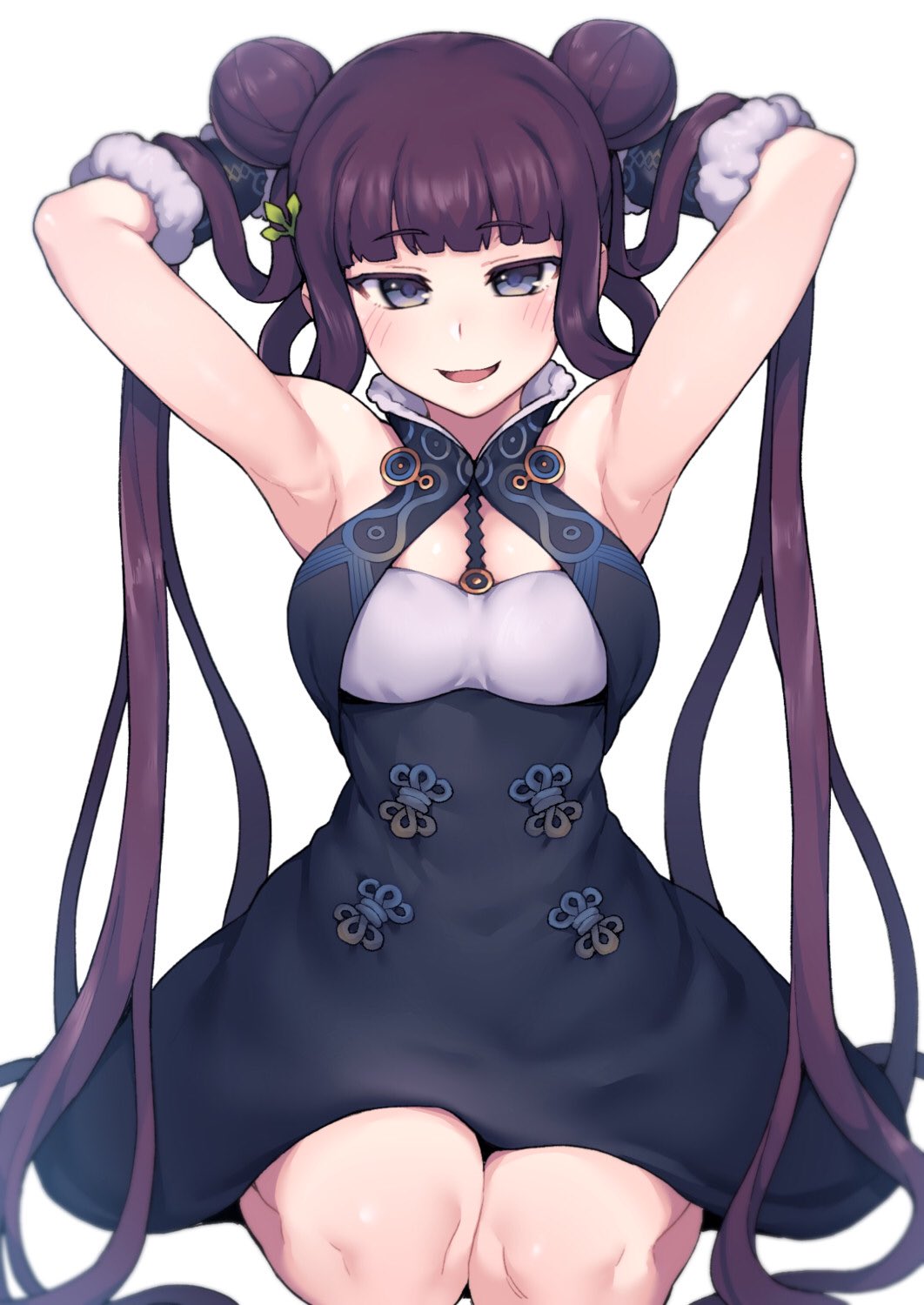 1girl armpits arms_behind_head arms_up bangs bare_shoulders black_dress blue_eyes blunt_bangs blush breasts china_dress chinese_clothes detached_sleeves double_bun dress fate/grand_order fate_(series) hair_ornament highres jp06 large_breasts long_hair looking_at_viewer open_mouth purple_hair seiza short_dress sidelocks simple_background sitting smile solo twintails very_long_hair white_background yang_guifei_(fate/grand_order)