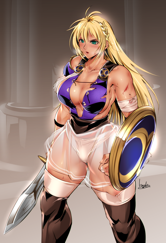 1girl bandaged_arm bandages black_footwear blonde_hair boots bowalia breasts cuts green_eyes heavy_breathing holding holding_shield holding_sword holding_weapon injury large_breasts laurel_crown long_hair muscle muscular_female no_bra see-through see-through_skirt shield sideboob skirt solo sophitia_alexandra soulcalibur standing sword thick_thighs thigh-highs thigh_boots thighs torn_clothes weapon