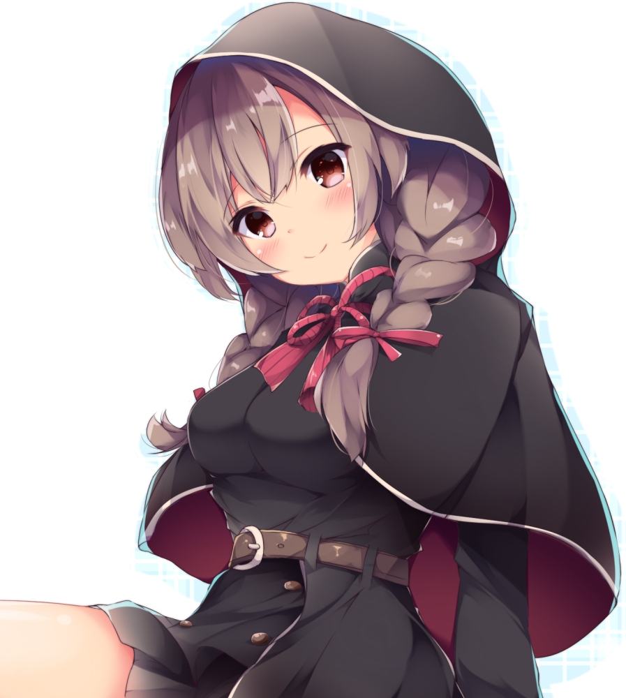 1girl bangs belt belt_buckle black_capelet black_dress blush braid breasts brown_belt brown_hair buckle capelet closed_mouth commentary_request dress eyebrows_visible_through_hair fuuna hair_between_eyes hair_over_shoulder hair_ribbon hood hood_up hooded_capelet kantai_collection long_hair medium_breasts multicolored_capelet red_capelet red_eyes red_ribbon ribbon shinshuu_maru_(kantai_collection) sitting smile solo twin_braids white_background