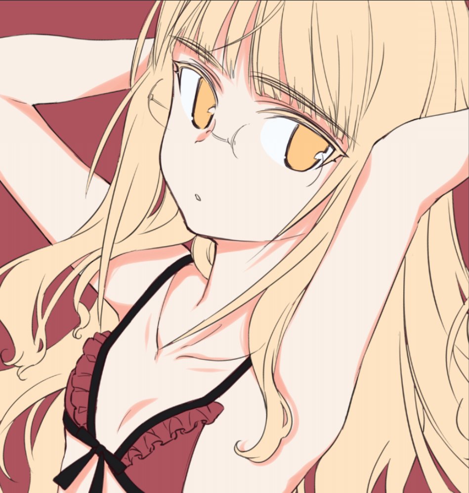 1girl armpits arms_behind_back artist_request bikini blonde_hair blush breasts collarbone eyebrows_visible_through_hair glasses long_hair looking_at_viewer looking_to_the_side open_mouth perrine_h_clostermann red_background red_bikini simple_background small_breasts solo strike_witches swimsuit swimwear world_witches_series yellow_eyes