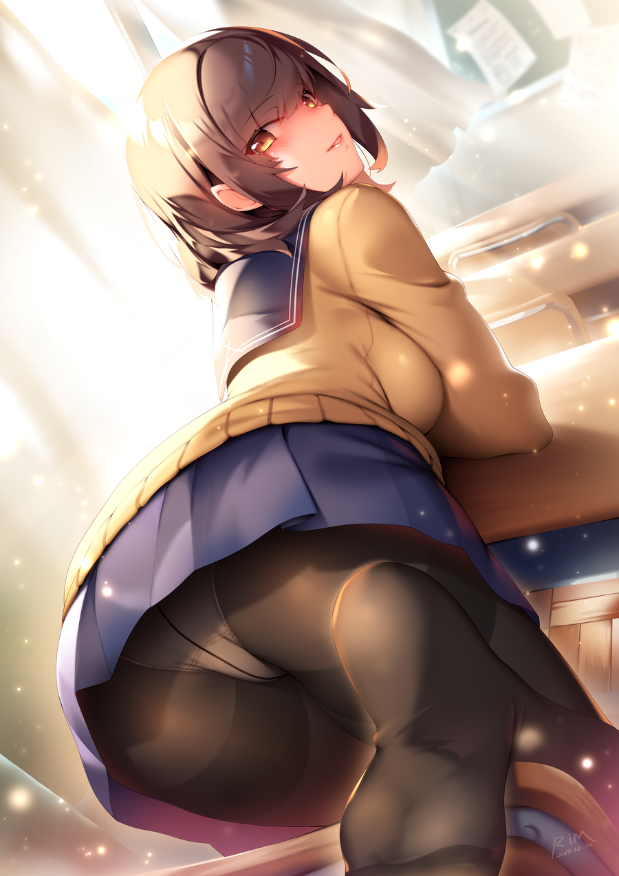 1girl ass bent_over blush breasts brown_eyes brown_hair brown_legwear chair classroom curtains desk eyebrows_visible_through_hair from_behind highres indoors large_breasts leaning_forward long_hair long_sleeves looking_at_viewer looking_back no_shoes original panties panties_under_pantyhose pantyhose parted_lips pleated_skirt ryuji_(ikeriu) sailor_collar school_chair school_desk school_uniform serafuku short_hair skirt smile soles solo sweater thighband_pantyhose underwear