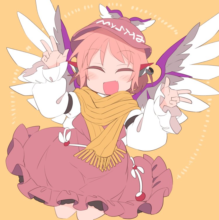 1girl animal_ears blush brown_dress brown_headwear closed_eyes commentary_request cowboy_shot double_w dress earrings eyebrows_visible_through_hair facing_viewer fang feathered_wings frills hands_up happy ini_(inunabe00) jewelry long_sleeves mystia_lorelei open_mouth pink_hair scarf shirt short_hair single_earring skin_fang smile solo touhou w white_shirt winged_hat wings yellow_background yellow_scarf