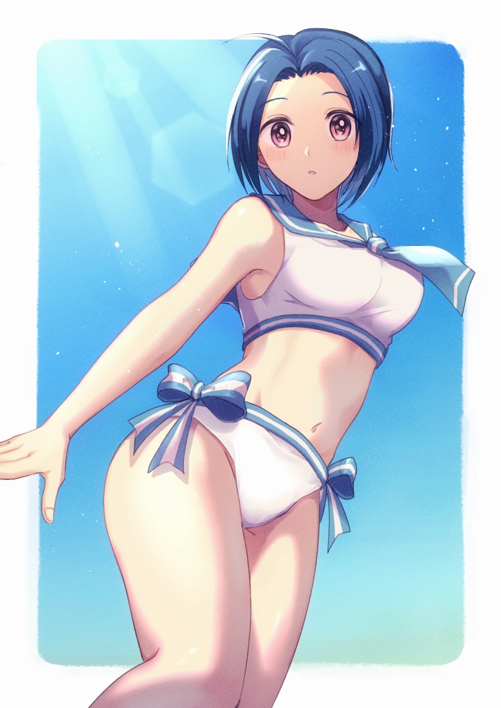 1girl ahoge bikini blue_hair blue_neckwear blue_sailor_collar blue_sky blush bow collarbone groin idolmaster idolmaster_(classic) looking_at_viewer midriff miura_azusa nanase_(7749222) navel parted_lips red_eyes sailor_bikini sailor_collar sailor_swimsuit_(idolmaster) shiny shiny_hair short_hair sky solo stomach striped striped_bow sunlight swimsuit white_background white_bikini