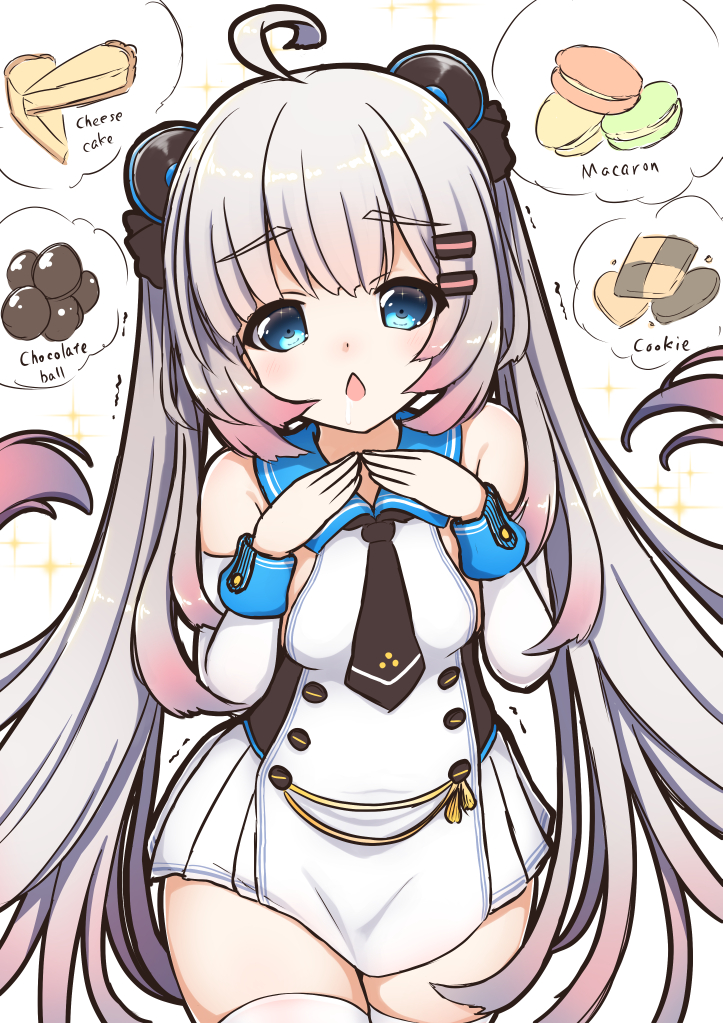 1girl ahoge azur_lane blue_eyes breasts checkerboard_cookie cheesecake chestnut_mouth cookie detached_sleeves drooling english_text food grey_hair hair_ornament hairclip halsey_powell_(azur_lane) hestia_(neko_itachi) long_hair looking_at_viewer macaron necktie open_mouth small_breasts solo thigh-highs