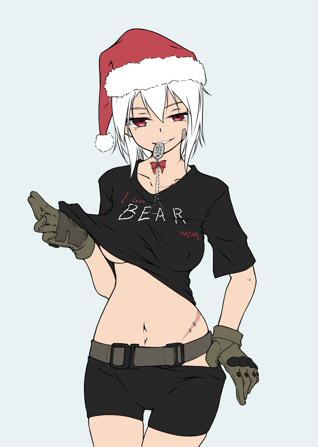 1girl armedshipyard bandaid bandaid_on_face bike_shorts bike_shorts_pull breasts clothes_writing dog_tags escape_from_tarkov gloves hat highres looking_at_viewer military mouth_hold no_bra red_eyes santa_hat scar shirt shirt_pull short_hair simple_background smirk solo staple t-shirt under_boob white_hair