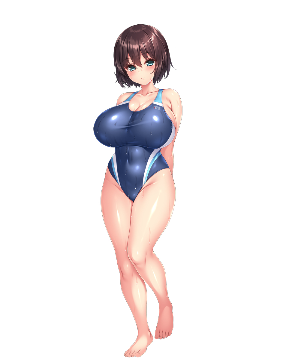 1girl aqua_eyes arms_behind_back bangs blush bob_cut breasts brown_eyes brown_hair competition_swimsuit courreges_axel full_body highleg highleg_swimsuit highres large_breasts one-piece_swimsuit original short_hair simple_background solo standing swimsuit wet