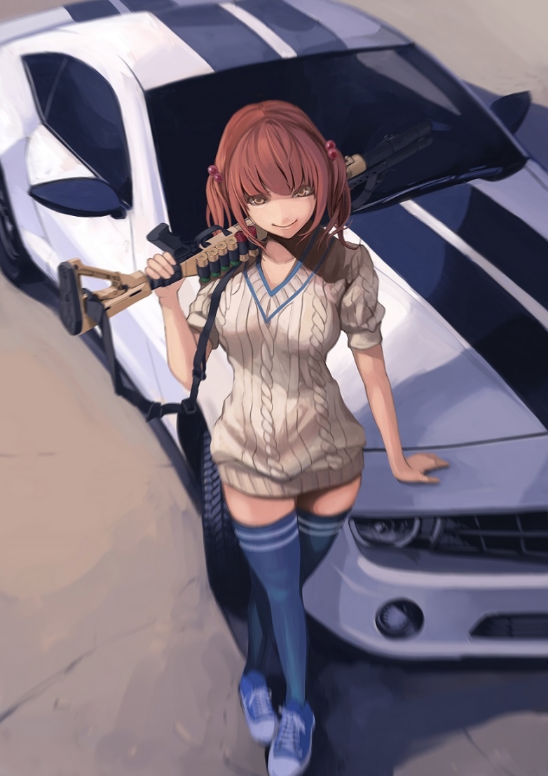 1girl aran_sweater car chevrolet chevrolet_camaro commentary_request crossed_legs dress ground_vehicle gun hair_bobbles hair_ornament koh_(minagi_kou) looking_at_viewer mossberg_500 motor_vehicle muscle_car navy_blue_legwear orange_eyes original over_shoulder redhead revision shoes short_hair shotgun shotgun_shells sling smile sneakers solo sweater sweater_dress thigh-highs weapon weapon_over_shoulder