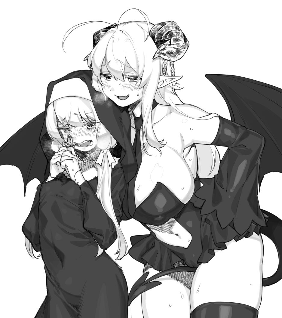 2girls ahoge armpit_crease blush braid breasts breath collarbone covered_navel covered_nipples cross demon_girl demon_tail demon_wings eyebrows_visible_through_hair fang greyscale hair_between_eyes hair_ribbon hatching_(texture) holding holding_cross horns jewelry large_breasts long_hair monochrome multiple_girls navel navel_cutout necklace necktie nun open_mouth original pointy_ears ribbon small_breasts smile standing succubus sweat tail teeth thigh-highs tongue torn_wings twintails w_nijuuyon wings