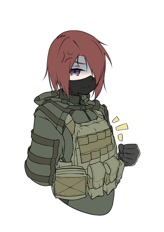 1girl anger_vein armedshipyard breast_conscious brown_hair clenched_hand escape_from_tarkov flat_chest hair_over_one_eye load_bearing_vest looking_at_viewer mask military short_hair solo violet_eyes white_background