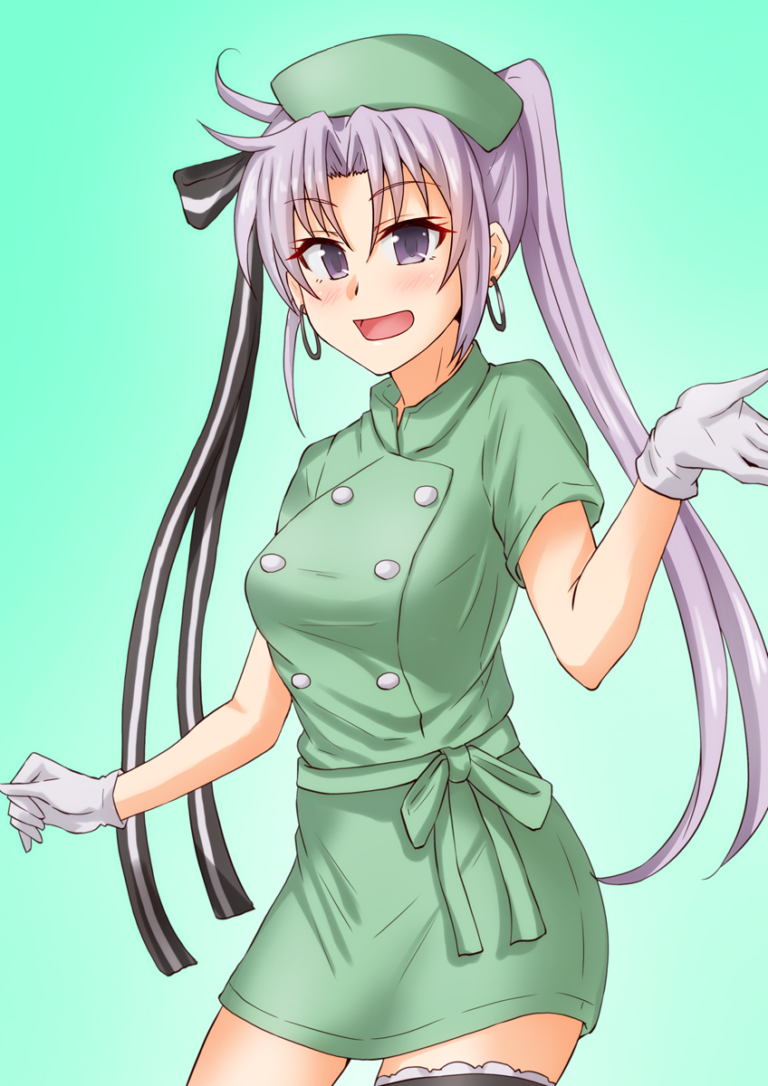 1girl :d akitsushima_(kantai_collection) alternate_costume anti_(untea9) breasts cowboy_shot earrings eyebrows_visible_through_hair gloves gradient gradient_background green_background hat highres jewelry kantai_collection large_breasts long_hair looking_at_viewer nurse nurse_cap open_mouth purple_hair side_ponytail sidelocks simple_background smile solo thigh-highs violet_eyes white_gloves