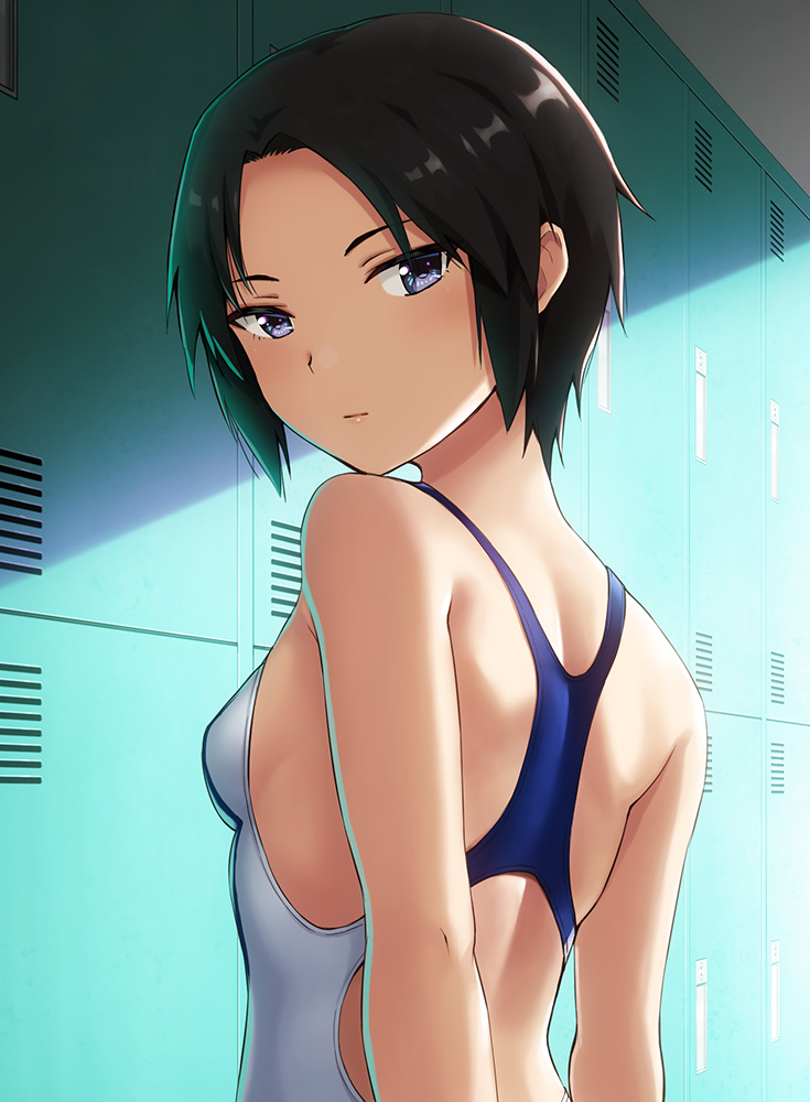 1girl back_cutout bare_shoulders black_hair blue_eyes breasts closed_mouth commentary_request competition_swimsuit expressionless forehead from_side hashi indoors locker locker_room looking_at_viewer looking_to_the_side one-piece_swimsuit original short_hair sideboob small_breasts solo swimsuit upper_body