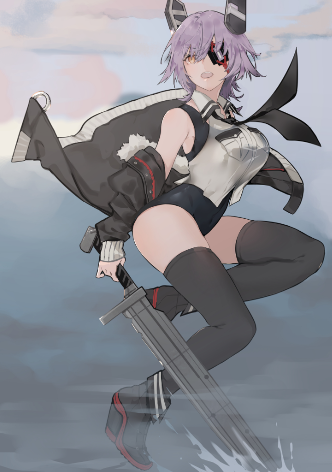 black_gloves black_jacket black_legwear black_swimsuit breasts competition_swimsuit eyepatch full_body gloves headgear jacket kantai_collection large_breasts necktie nello_(luminous_darkness) one-piece_swimsuit outdoors partly_fingerless_gloves purple_hair remodel_(kantai_collection) short_hair swimsuit swimsuit_under_clothes sword tenryuu_(kantai_collection) thigh-highs weapon yellow_eyes