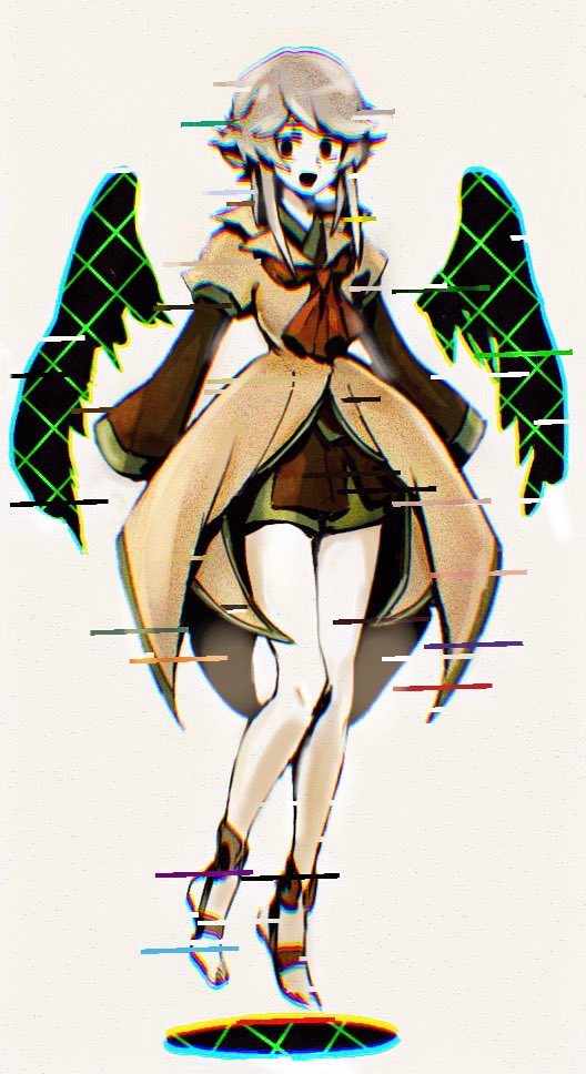 1other androgynous bow brown_coat coat empty_eyes full_body gap houlen_yabusame len'en open_mouth sandals short_hair short_hair_with_long_locks shorts silver_hair smile solo wings