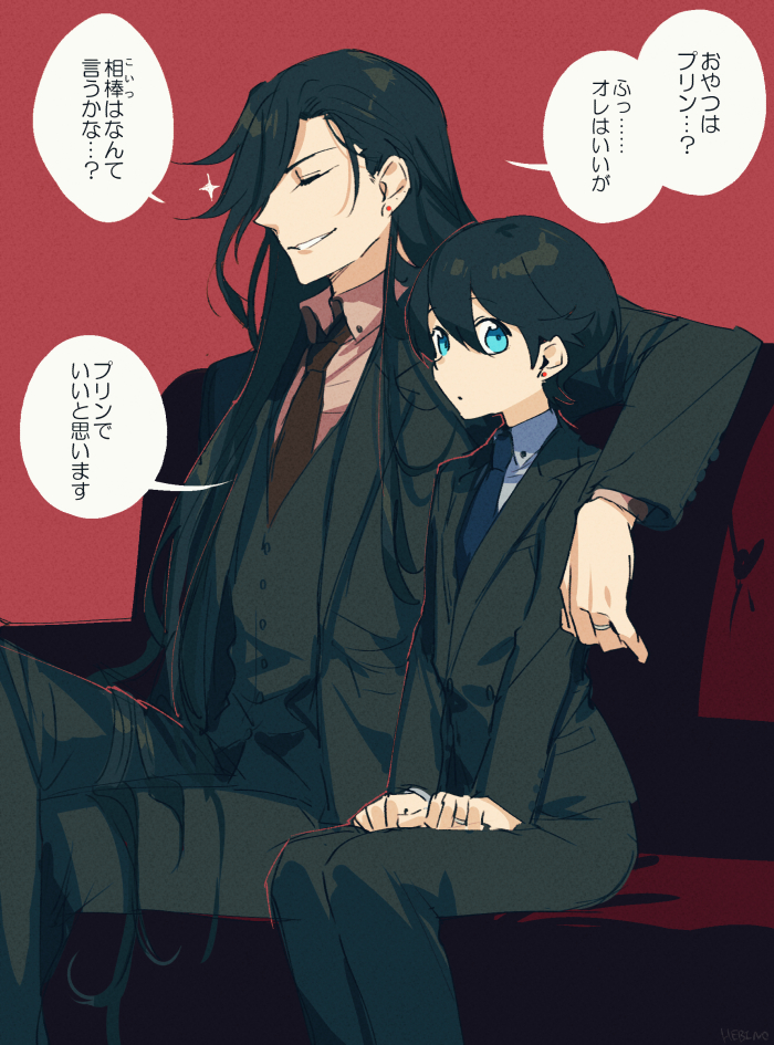 2boys black_hair blue_eyes closed_eyes collared_shirt crossed_legs earrings formal hebino_rai horikawa_kunihiro izumi-no-kami_kanesada jewelry male_focus multiple_boys necktie open_mouth ring shirt sitting smile sparkle stud_earrings suit touken_ranbu translation_request