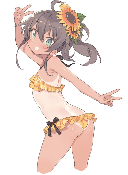 1girl ahoge arm_up ass bikini blade_(galaxist) blue_eyes blush brown_hair cropped_legs flat_chest flower grin hair_between_eyes hair_flower hair_ornament hololive looking_at_viewer natsuiro_matsuri official_alternate_costume one-piece_tan side_ponytail simple_background smile solo swimsuit tan tanline v virtual_youtuber white_background