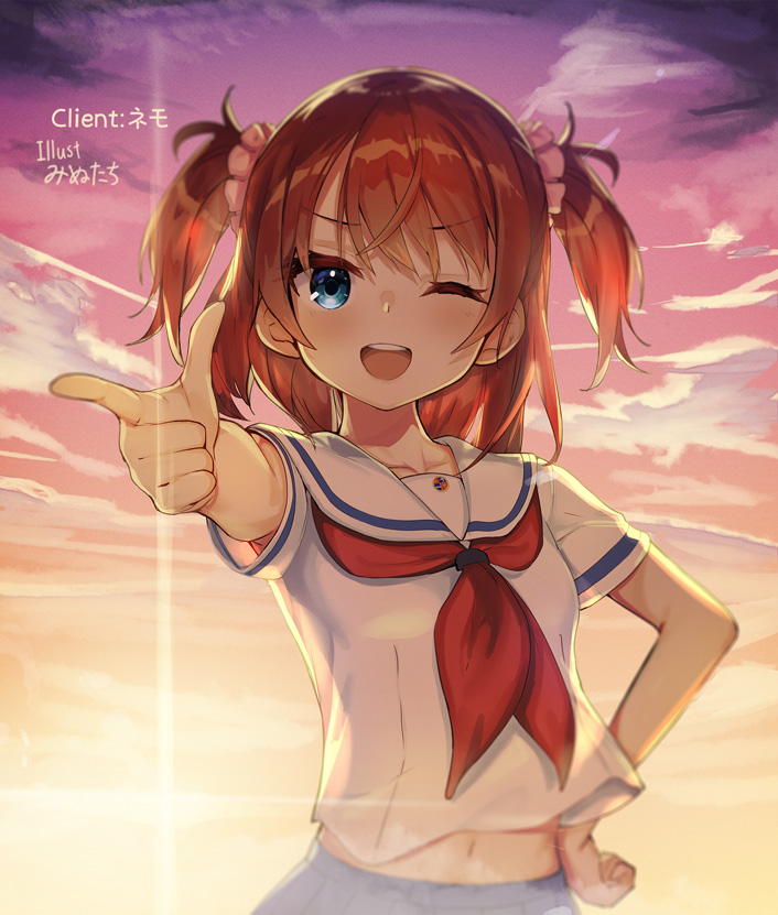 1girl ;d bangs blue_eyes blue_sky blurry blurry_foreground blush brown_hair clouds cloudy_sky collarbone commentary_request depth_of_field eyebrows_visible_through_hair finger_gun hair_ornament hair_scrunchie hand_on_hip high_school_fleet looking_at_viewer midriff_peek minutachi neckerchief ogasawara_hikari one_eye_closed open_mouth outstretched_arm pink_scrunchie red_neckwear round_teeth sailor_collar school_uniform scrunchie serafuku shirt short_sleeves sky smile solo teeth two_side_up upper_teeth white_sailor_collar white_shirt