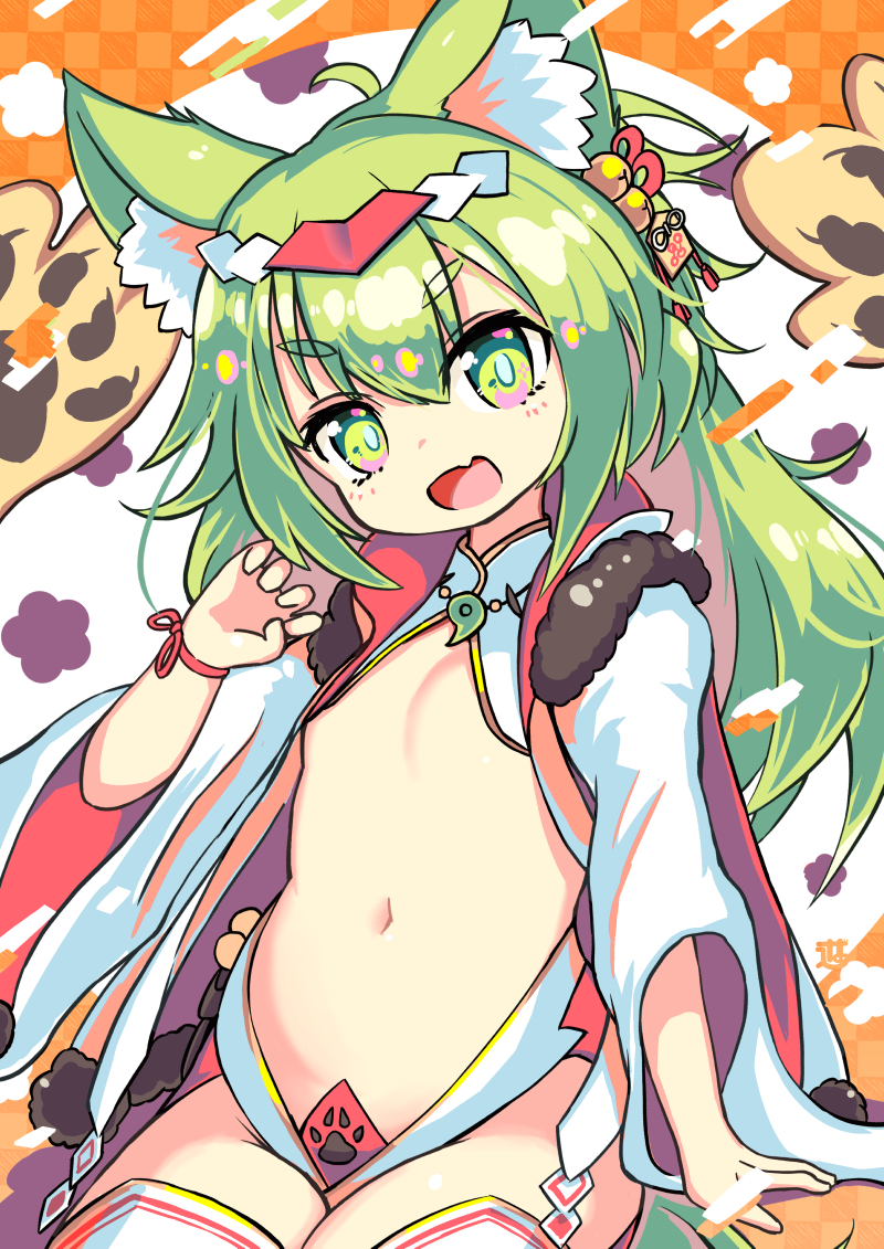 1girl :d animal_ear_fluff animal_ears azur_lane bangs blush breasts checkered checkered_background claw_pose commentary_request eyebrows_visible_through_hair fang floral_background fur_trim green_eyes green_hair groin hair_between_eyes isokaze_(azur_lane) long_hair long_sleeves looking_at_viewer magatama_necklace navel open_mouth revealing_clothes saebashi sitting small_breasts smile solo thick_eyebrows thigh-highs white_legwear wide_sleeves