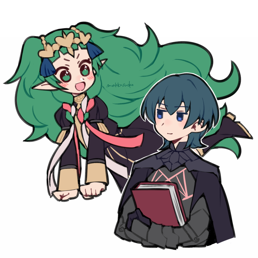 1boy 1girl armor artist_name black_gloves blue_eyes blue_hair book braid byleth_(fire_emblem) byleth_eisner_(male) closed_mouth do_m_kaeru fire_emblem fire_emblem:_three_houses garreg_mach_monastery_uniform gloves green_eyes green_hair hair_ornament holding holding_book long_hair long_sleeves open_mouth pointy_ears ribbon_braid short_hair simple_background sothis_(fire_emblem) tiara twin_braids uniform white_background