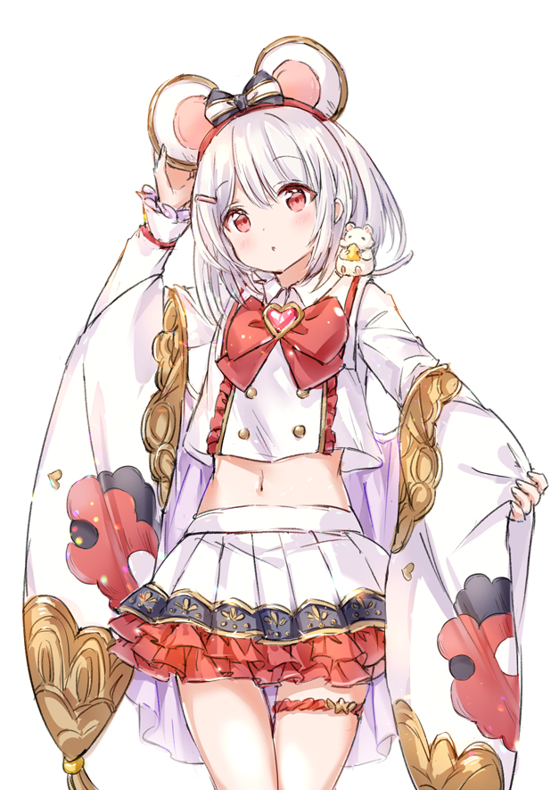 1girl animal animal_ears animal_on_shoulder arm_up bangs blush bow cheese closed_mouth commentary_request eyebrows_visible_through_hair food frilled_skirt frills granblue_fantasy hair_bow hand_on_ear head_tilt heart long_sleeves looking_at_viewer midriff mouse mouse_ears navel pinching_sleeves pleated_skirt red_bow red_eyes shirt simple_background skirt sleeves_past_wrists solo striped striped_bow thigh_gap vikala_(granblue_fantasy) wataame27 white_background white_hair white_shirt white_skirt wide_sleeves