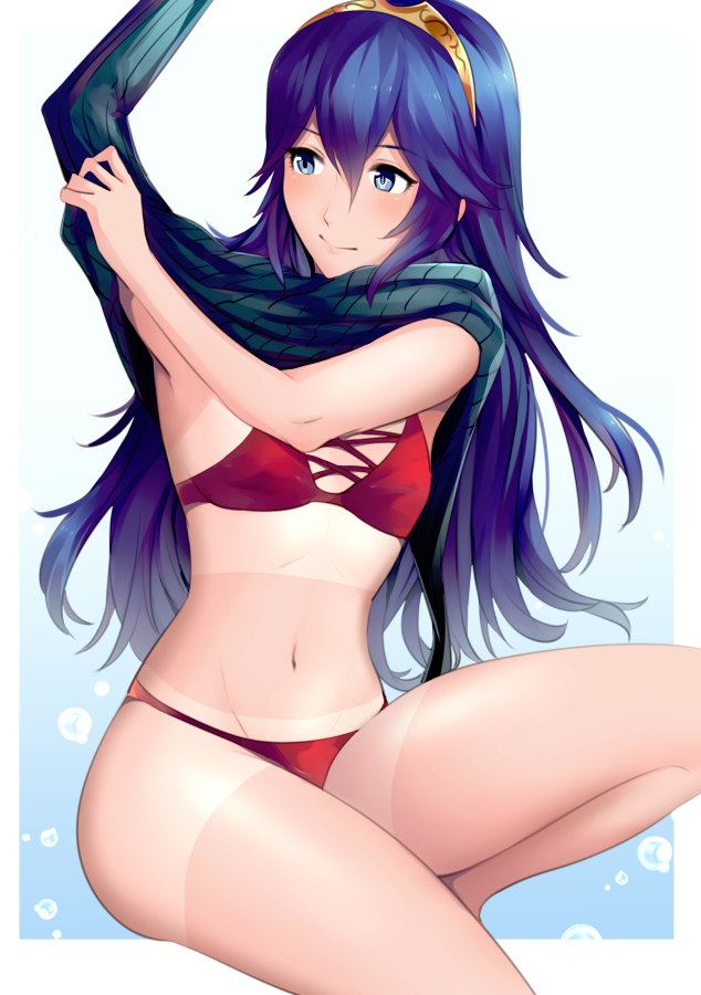 1girl ameno_(a_meno0) arm_up armpits bikini black_sweater blue_eyes blue_hair blush breasts bubble commentary_request cute eyebrows_visible_through_hair eyelashes feet_out_of_frame fire_emblem fire_emblem:_kakusei fire_emblem_13 fire_emblem_awakening hair_between_eyes intelligent_systems long_hair looking_to_the_side lucina lucina_(fire_emblem) navel nintendo red_bikini ribbed_sweater shiny shiny_hair small_breasts solo sweater swimsuit tan tanline thighs tiara undressing white_background