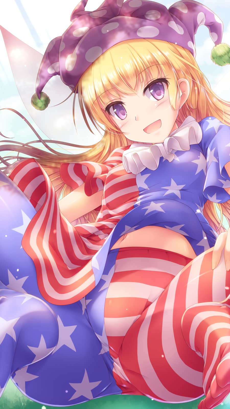 1girl american_flag_dress american_flag_legwear blonde_hair blue_background breasts clownpiece commentary_request fairy_wings hat highres jester_cap long_hair looking_at_viewer lzh midriff_peek navel neck_ruff no_shoes open_mouth pantyhose polka_dot purple_hair short_sleeves sitting small_breasts smile solo star star_print striped touhou violet_eyes wings