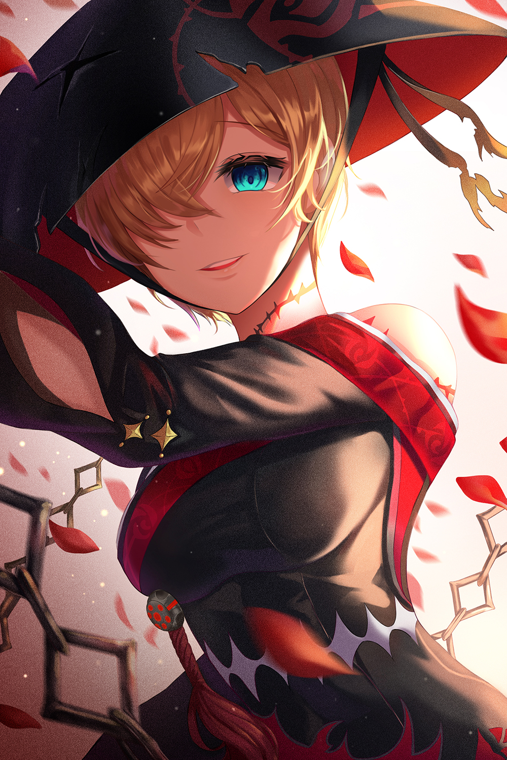1girl bangs bare_shoulders black_dress black_headwear blonde_hair blue_eyes breasts commentary dress elsword eyebrows_visible_through_hair gongha hair_over_one_eye hat highres large_breasts leaf looking_at_viewer scar short_hair solo torn_clothes torn_hat
