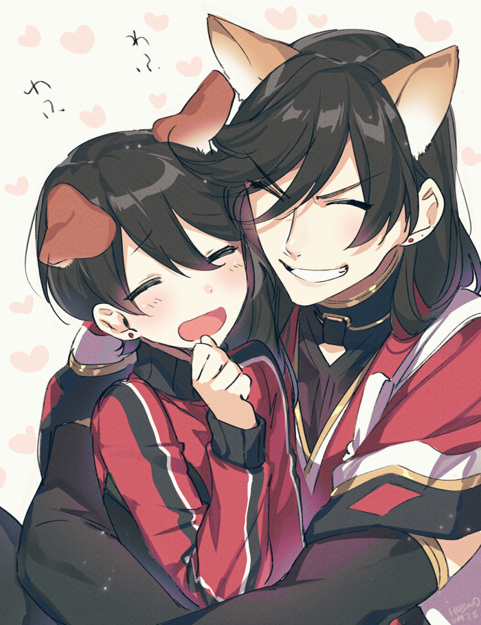 2boys ^_^ animal_ears black_hair blush cat_ears closed_eyes dog_ears earrings extra_ears grin heart hebino_rai horikawa_kunihiro hug izumi-no-kami_kanesada jacket jewelry kemonomimi_mode male_focus multiple_boys open_mouth smile stud_earrings touken_ranbu track_jacket yaoi