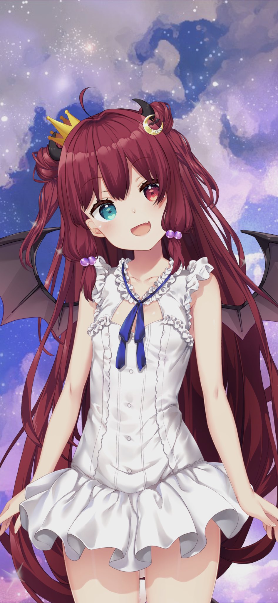 1girl ahoge bangs blue_eyes blue_neckwear blush breasts collarbone cowboy_shot crown demon_girl demon_horns demon_wings double_bun dress fang hair_bobbles hair_ornament heterochromia highres horns long_hair looking_at_viewer mini_crown nijisanji official_alternate_costume official_art open_mouth red_eyes redhead sleeveless small_breasts smile solo thighs tied_hair two_side_up virtual_youtuber white_dress wings yuzuki_roa